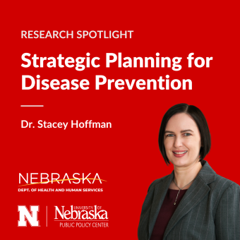 Dr. Stacey Hoffman Research Spotlight "Strategic Planning for Disease Prevention" with logos for Nebraska DHHS, University of Nebraska-Lincoln, and University of Nebraska Public Policy Center