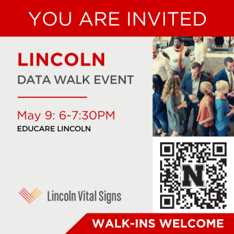 You are invited to the Lincoln Data Walk event, May 9, 6-7:30pm at Educare Lincoln. Walk-ins welcome. Lincoln Vital Signs. With image of diverse group of people in discussions.